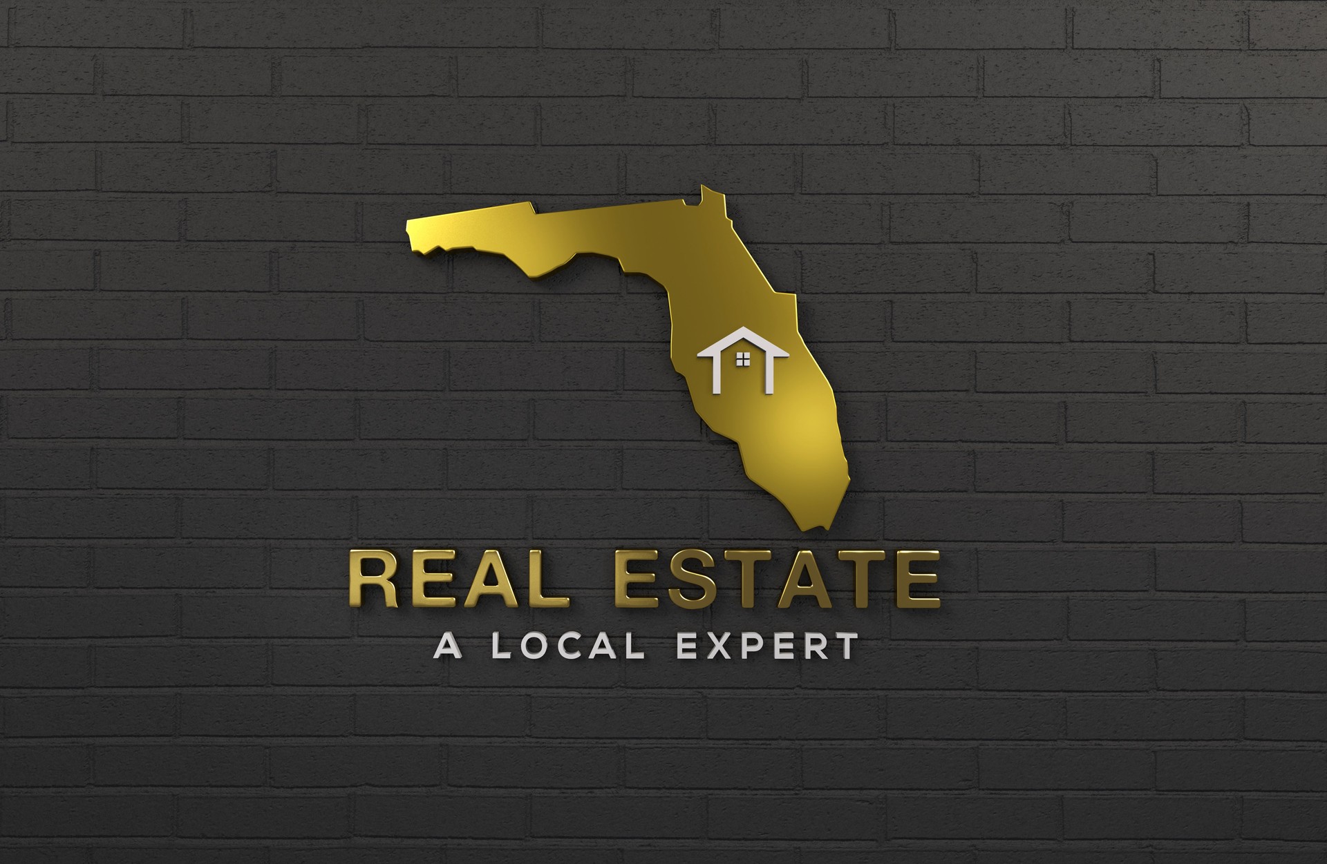 Gold Florida Map with Home Icon Real Estate Logo - A Luxurious Golden Silhouette of Florida with a Home Symbol on a Dark Brick Wall Background, Denoting Expertise in Local Property Markets